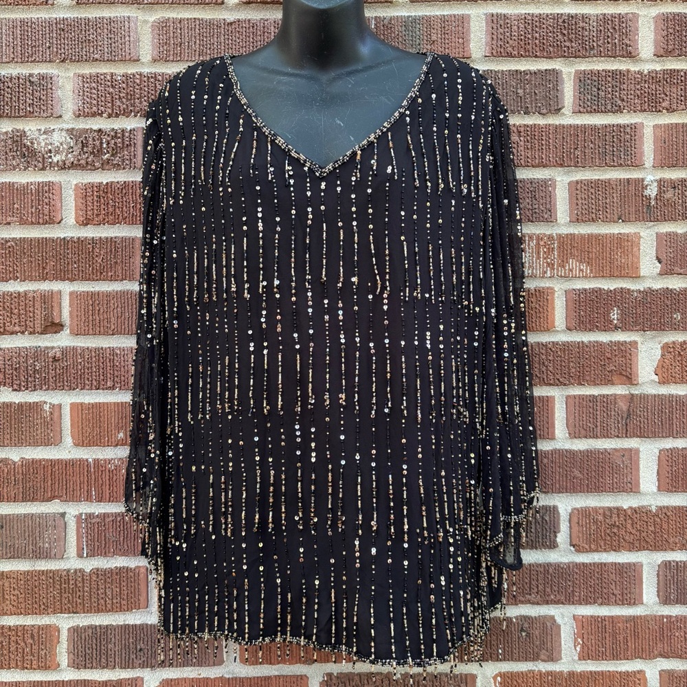 Papell Studio NWT Tunic Beaded Sequin Silk Black Formal Sz L